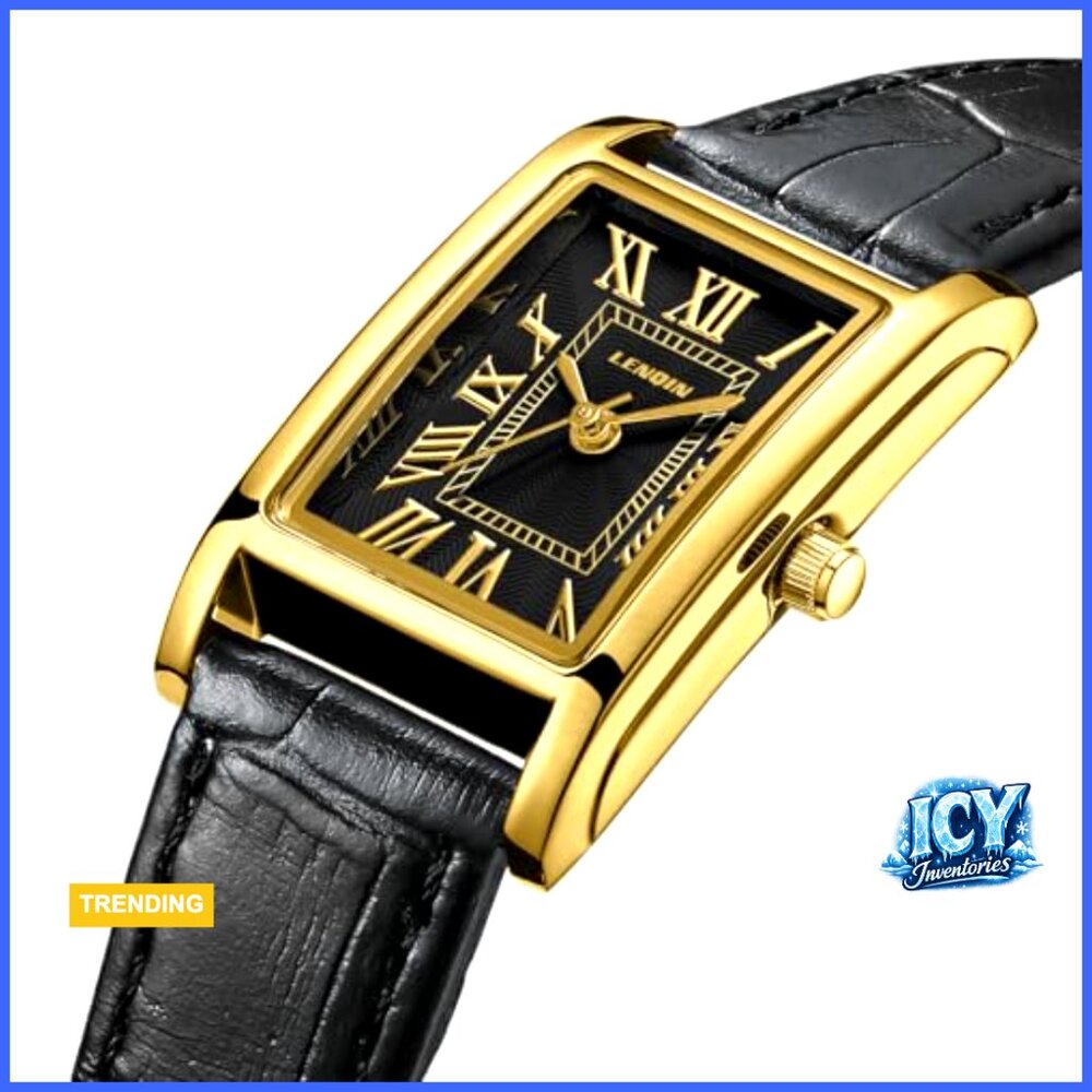 Rectangular Analog Quartz Watch With Leather Stra… - image 3